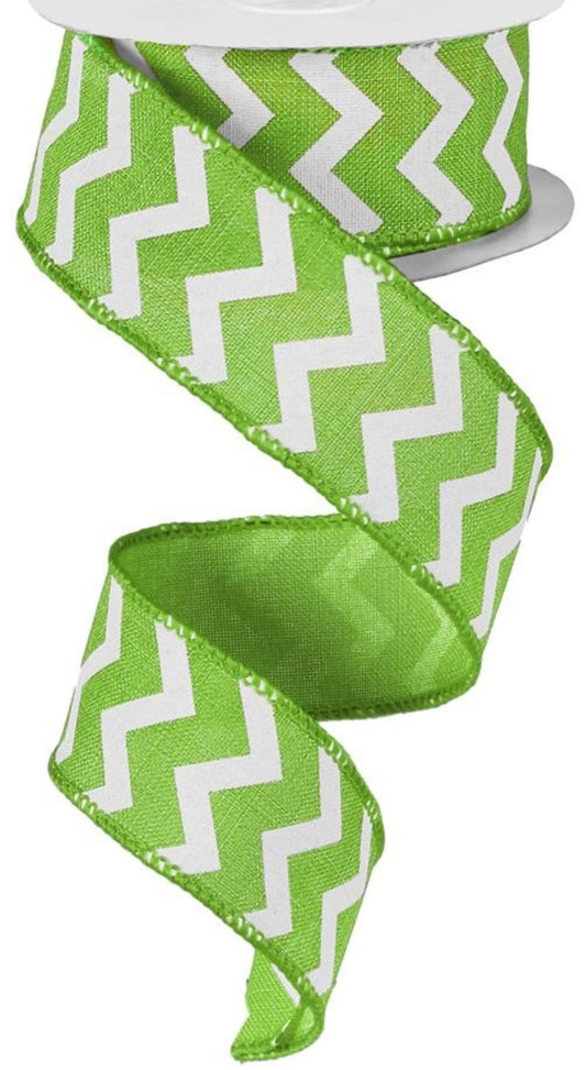 10 Yards - 1.5" Wired Lime Green and White Chevron Ribbon