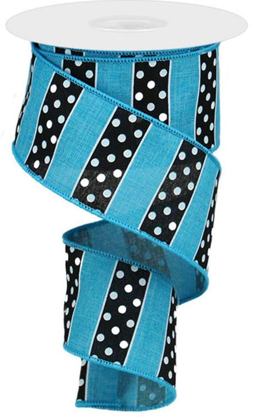 10 Yards - 2.5" Wired Blue, Black, and White Polka Dot Stripe Ribbon