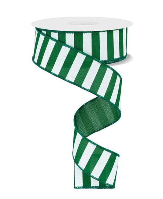 10 Yards - 1.5" Wired Emerald Green and White Stripe Ribbon