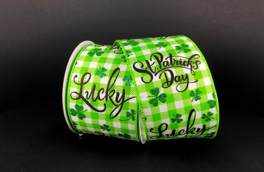 10 Yards - 2.5" Wired Lime Green and White Check Background St Patrick's Day Ribbon with Glitter Accent