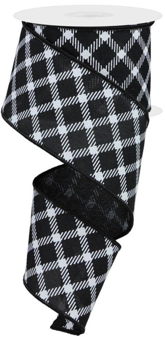 10 Yards - 2.5" Wired Black and White Cross Plaid Ribbon