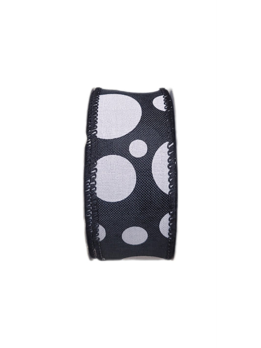 10 Yards - 1.5" Wired Black and White Polka Dot Ribbon