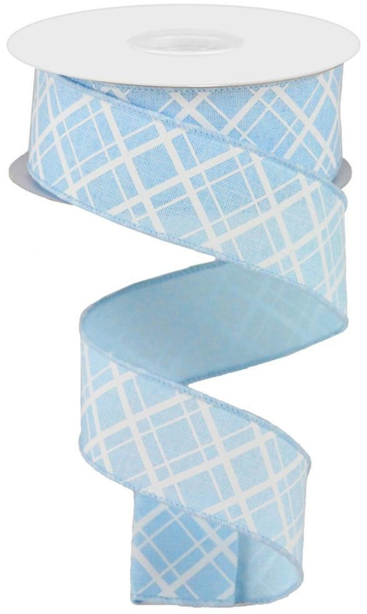 10 Yards - 1.5" Wired Light Blue and White Cross Plaid Ribbon