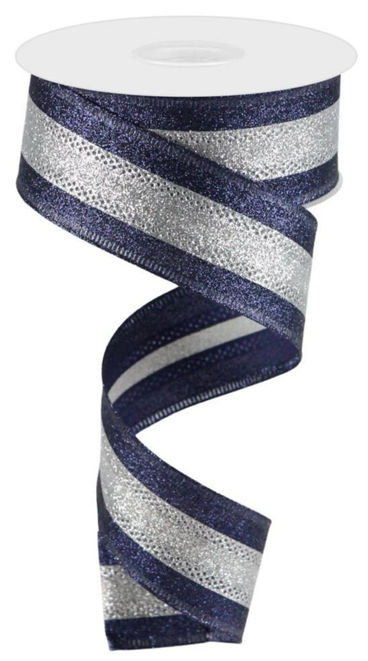 10 Yards - 1.5" Wired Navy Blue and Silver Heavy Glitter Stripe Ribbon