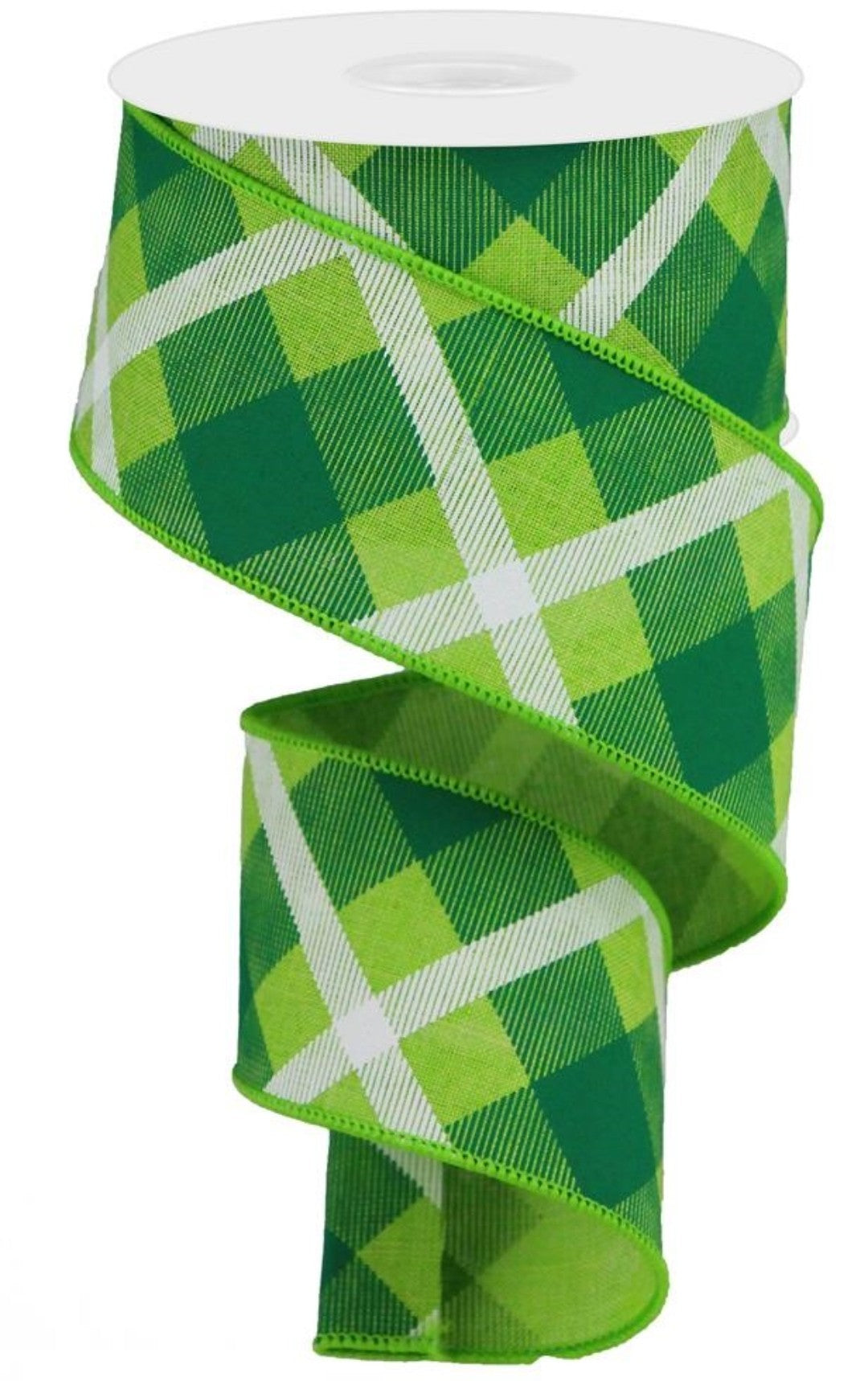 10 Yards - 2.5" Wired Emerald Green, Lime Green, and White Cross Plaid Ribbon