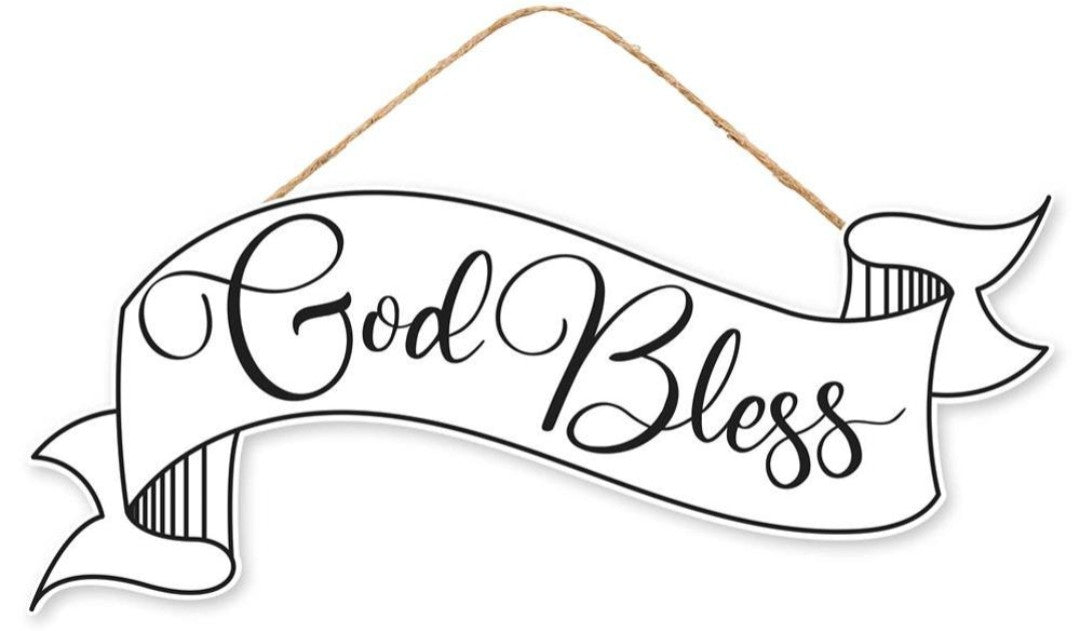 15"x6.25" Black and White Banner God Bless Wreath Sign