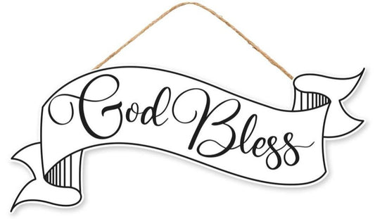 15"x6.25" Black and White Banner God Bless Wreath Sign