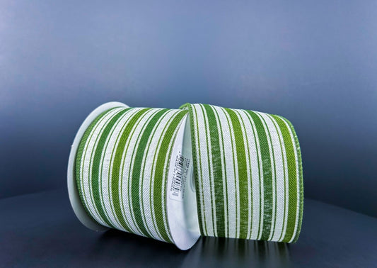 10 Yards - 2.5" Wired Green and Cream Stripe Ribbon