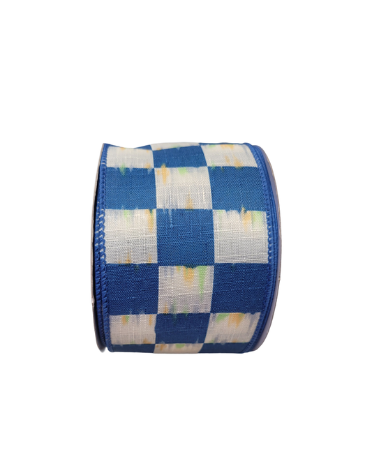 10 Yards - 2.5" Wired Blue and Cream Large Check Ribbon