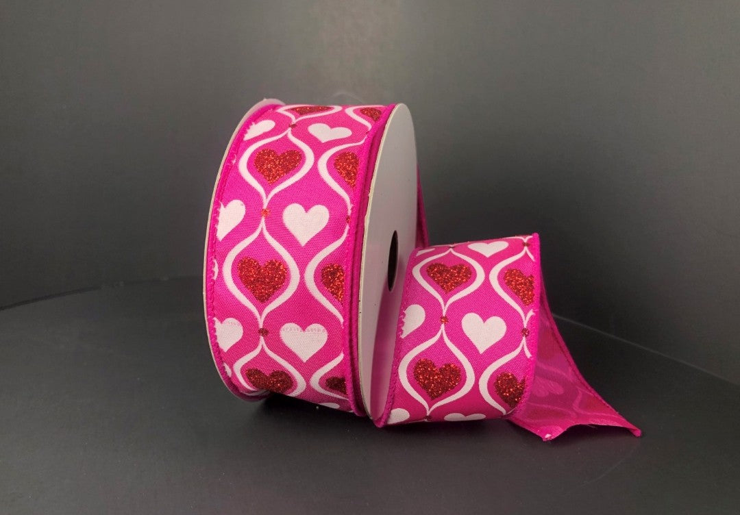 10 Yards - 1.5" Wired Fuschia Valentines Day Heart Ribbon with Glitter Accent