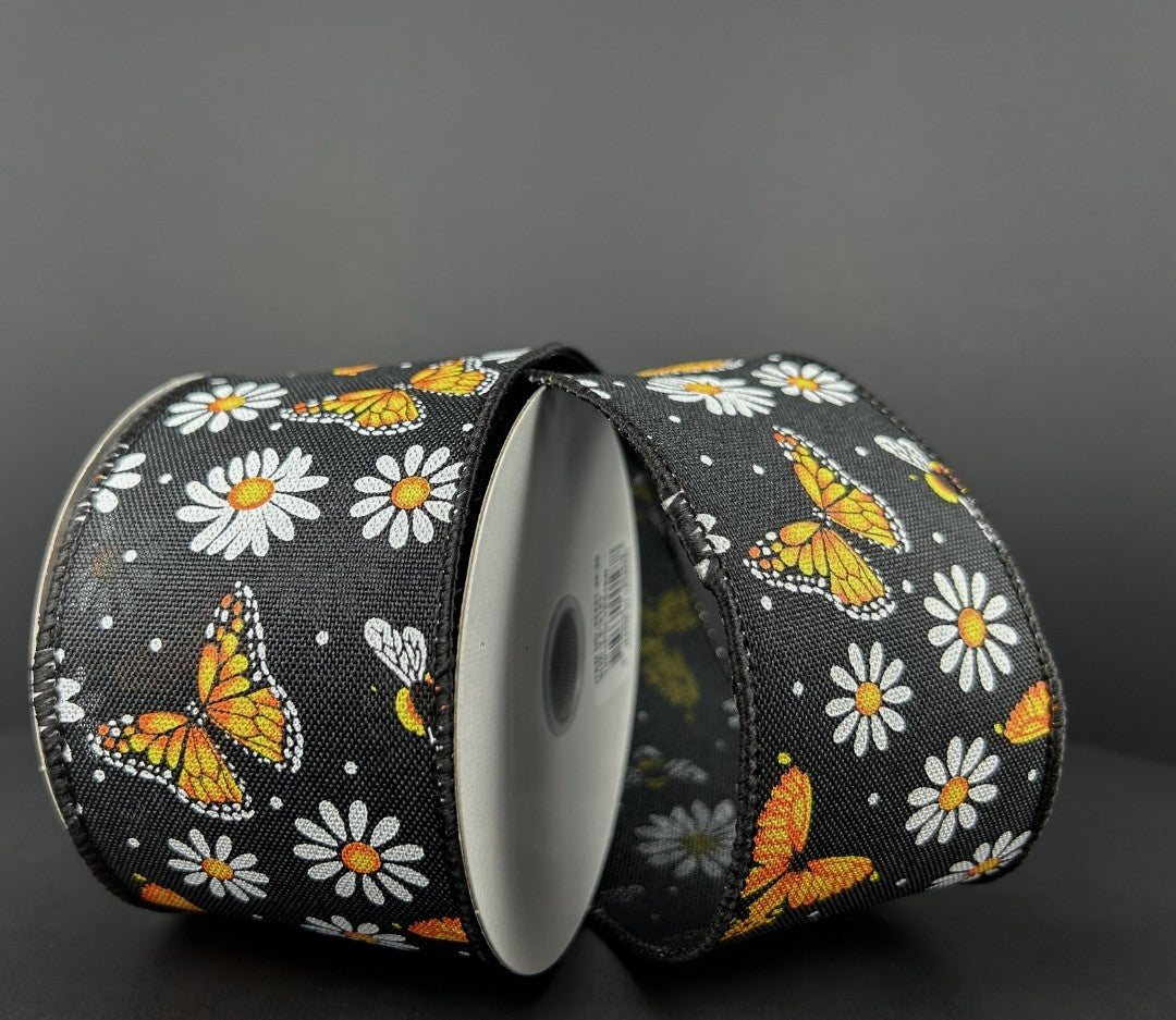 10 Yards - 2.5" Wired Black Background Bumblebee Daisy Ribbon