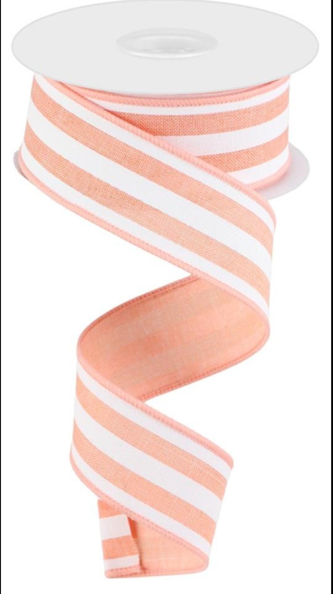 10 Yards - 1.5" Wired Peach and White Stripe Ribbon