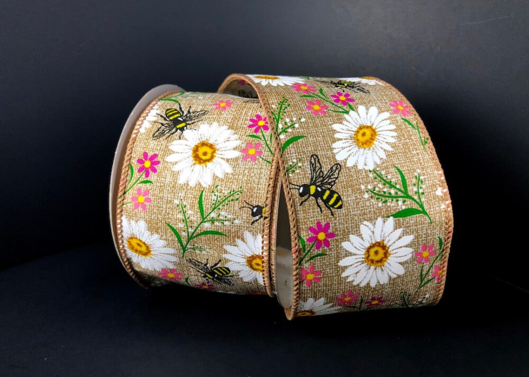 10 Yards - 2.5" Wired Natural Background Daisy and Bee Floral Ribbon