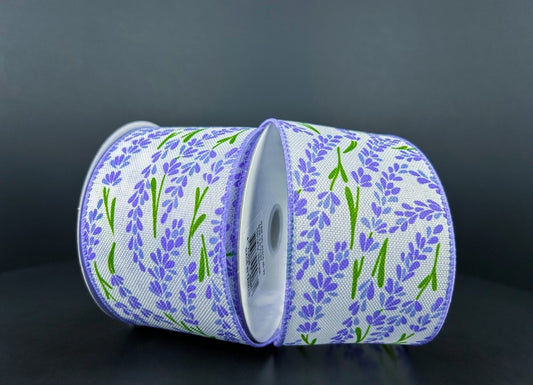 10 Yards - 2.5" Wired White Background Lavender Floral Ribbon