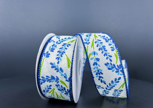 10 Yards - 1.5" Wired Cream Background Blue Lavender Floral Ribbon