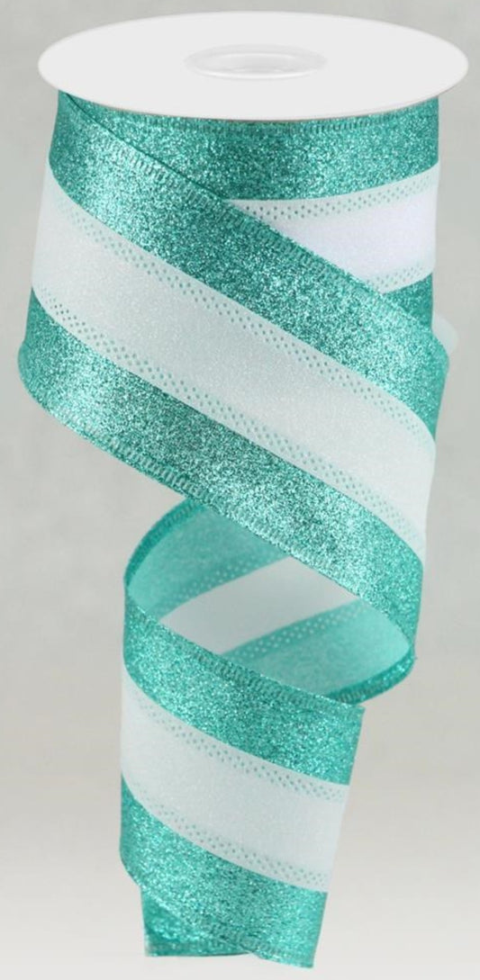 10 Yards - 2.5" Wired Ice Blue and White Heavy Glitter Stripe Ribbon