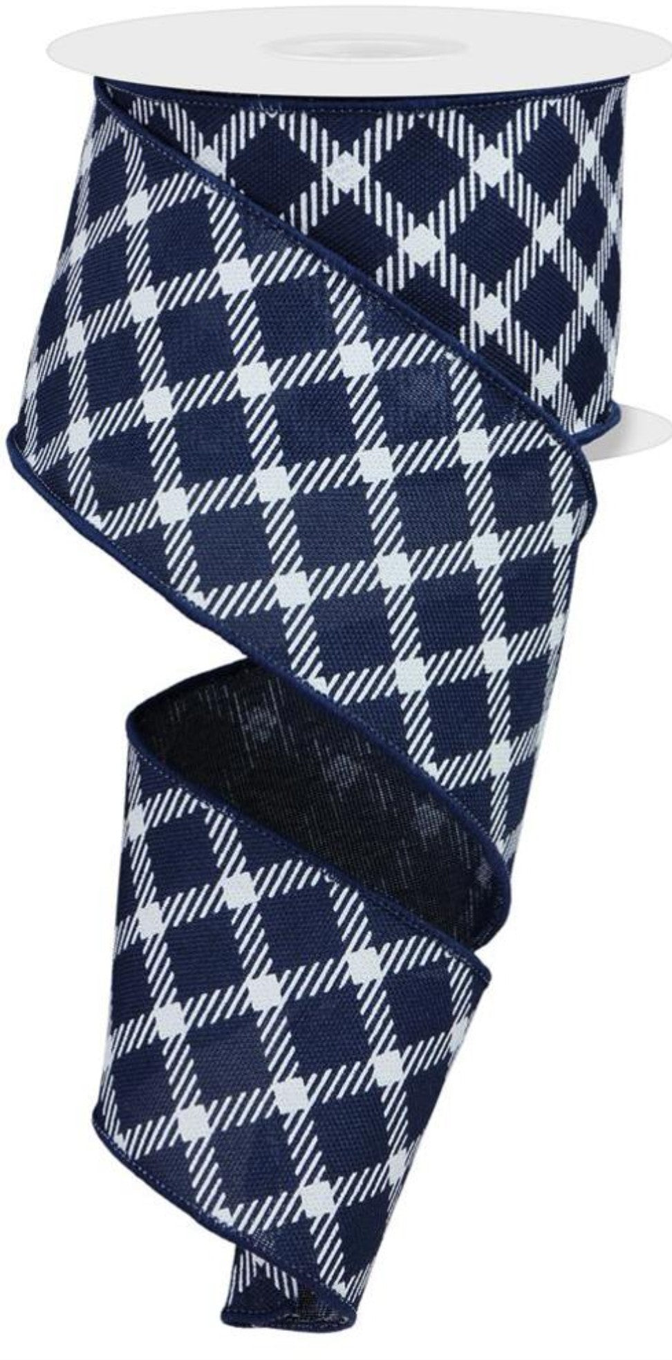 10 Yards - 2.5" Wired Navy Blue and White Cross Plaid Ribbon