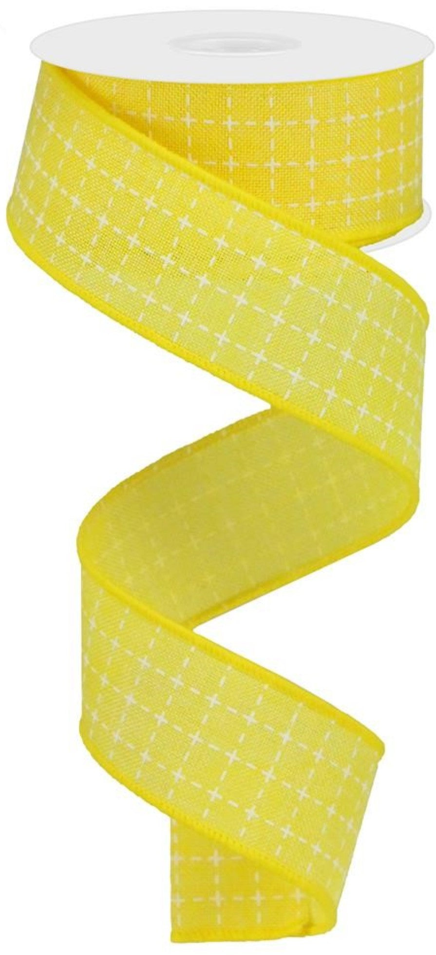 10 Yards - 1.5" Wired Yellow and White Faux Stitched Check Ribbon