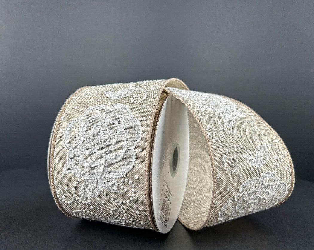 10 Yards - 2.5" Wired Natural Background White Rose Ribbon with Glitter Accent