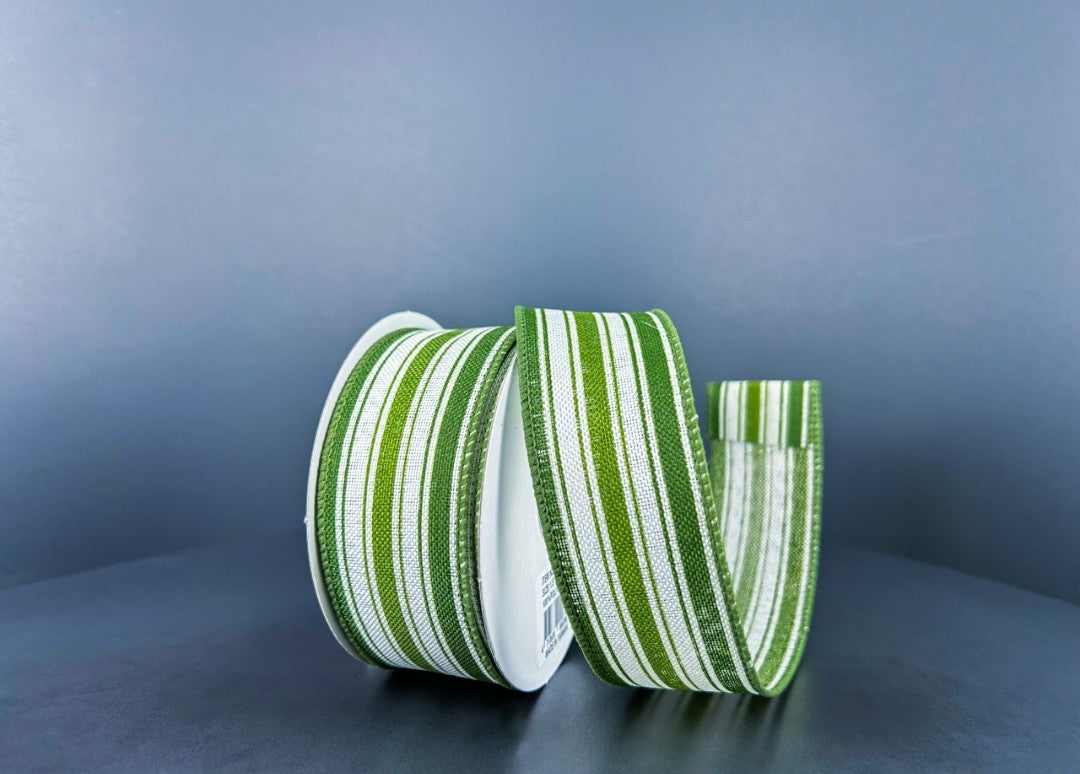 10 Yards - 1.5" Wired Green and Cream Stripe Ribbon