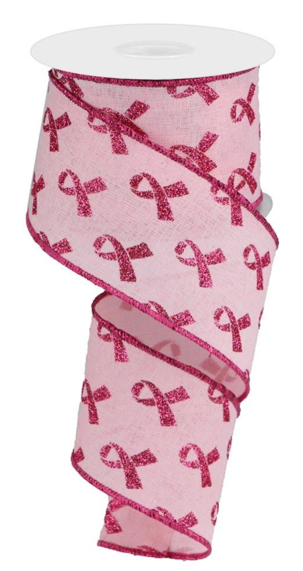 10 Yards - 2.5" Wired Pink Background Breast Cancer Awareness Ribbon with Glitter Accent