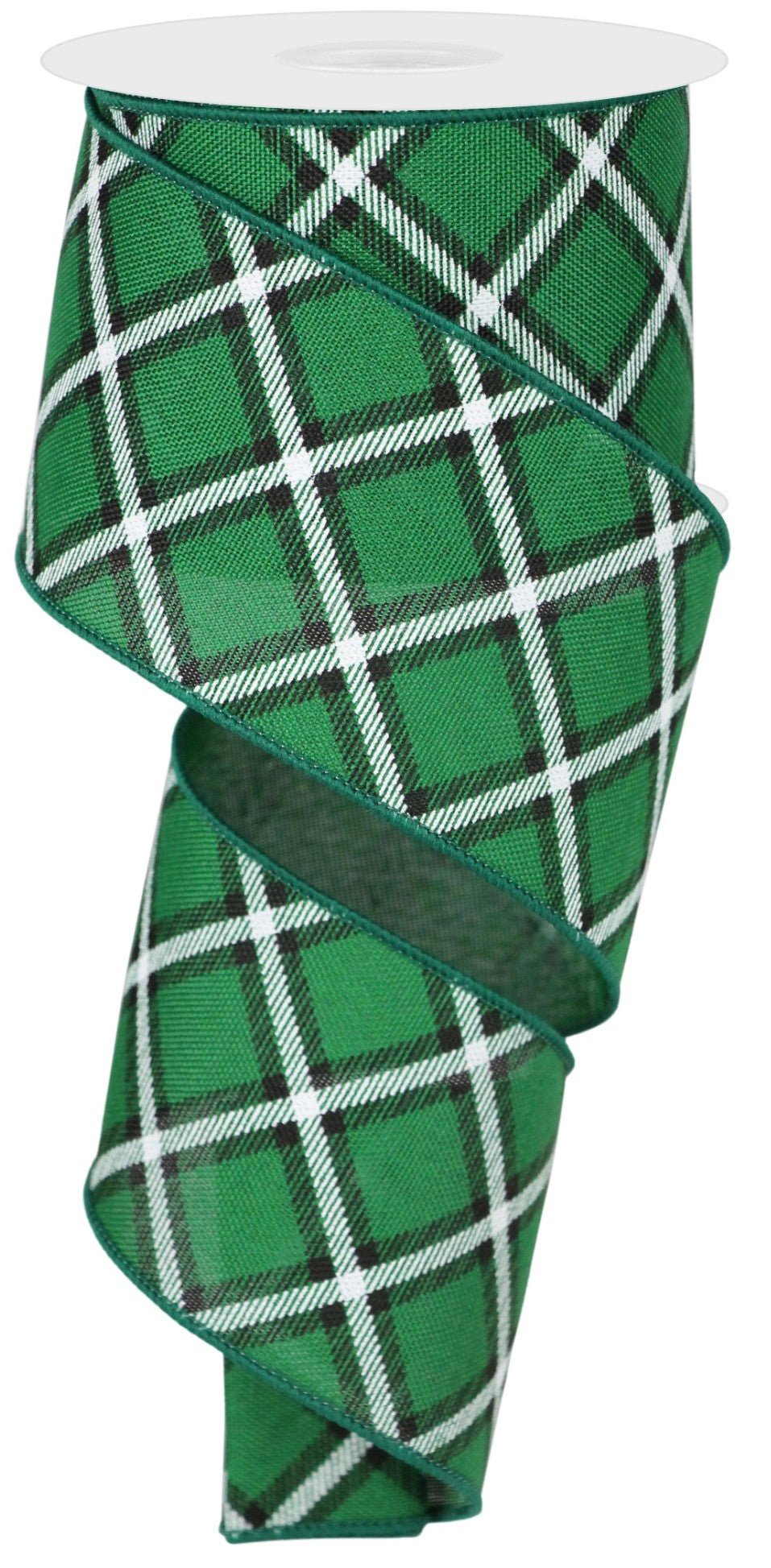 10 Yards - 2.5" Wired Emerald Green, Black, and White Cross Plaid Ribbon