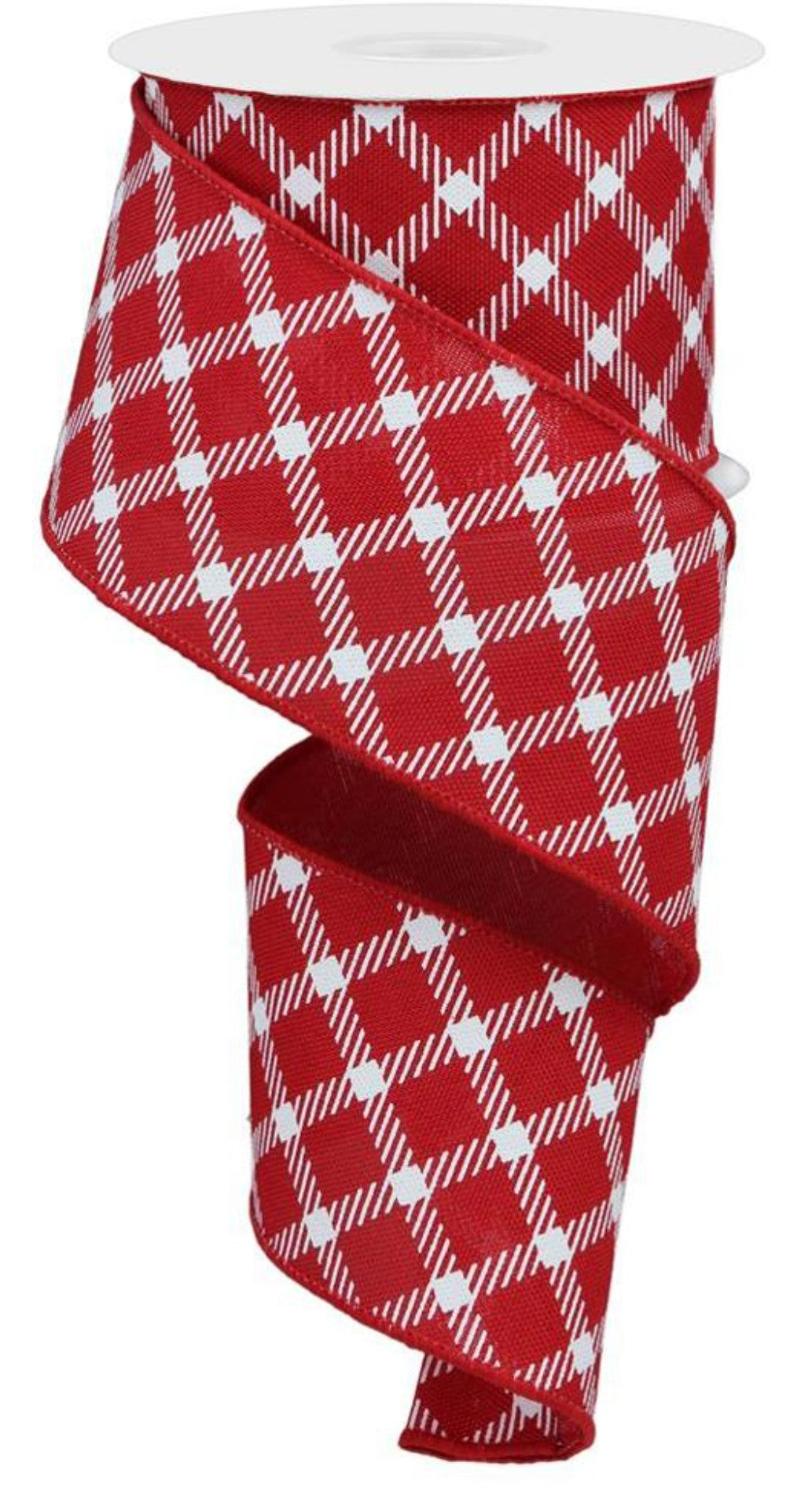 10 Yards - 2.5" Wired Red and White Cross Plaid Ribbon