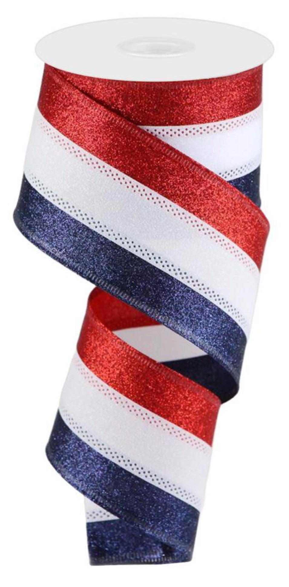 10 Yards - 2.5" Wired Red, White, and Dark Blue Heavy Glitter Patriotic Ribbon