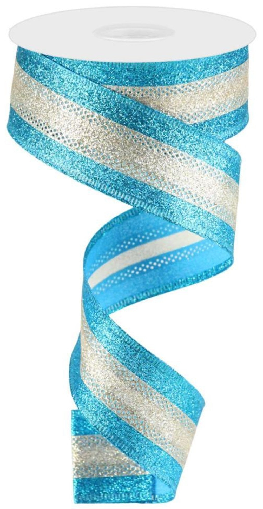 10 Yards - 1.5" Wired Blue and Champagne Stripe Heavy Glitter Ribbon