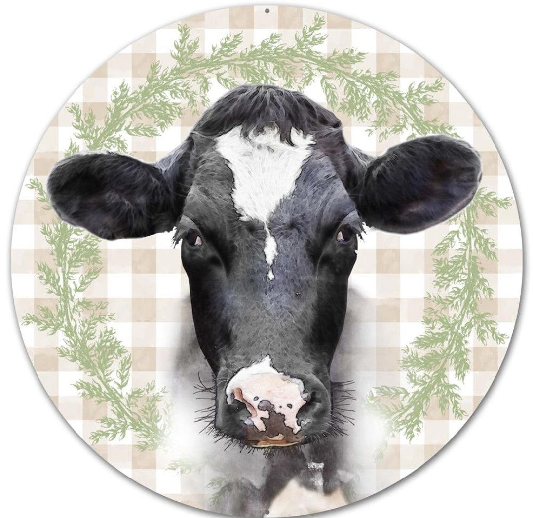 12" Round Metal Cow Wreath Sign