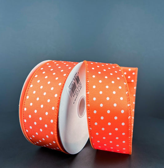 10 Yards - 1.5" Wired Orange and White Tiny Polka Dot Ribbed Satin Ribbon