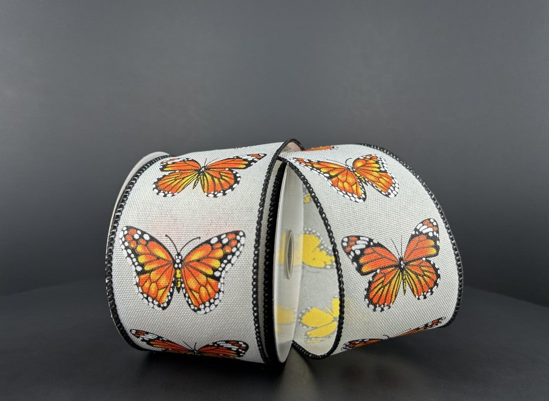 10 Yards - 2.5" Wired Cream Background Monarch Butterfly Ribbon