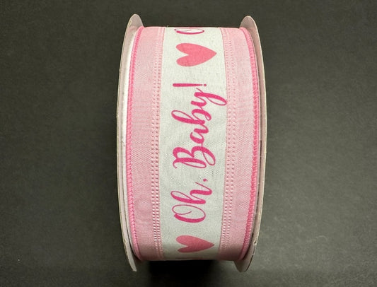 50 Yards - 2.5" Wired Pink and White Oh, Baby Ribbon - Baby Girl Ribbon