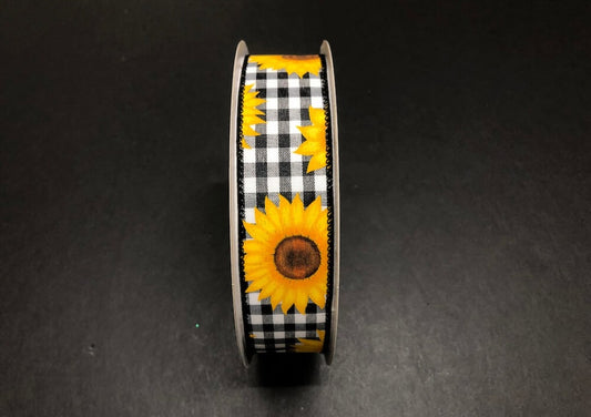 50 Yards - 1.5" Wired Black and White Check Sunflower Ribbon