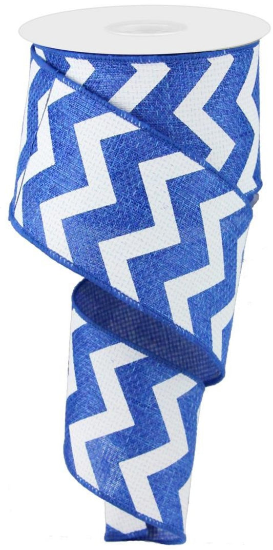 10 Yards - 2.5" Wired Royal Blue and White Chevron Ribbon