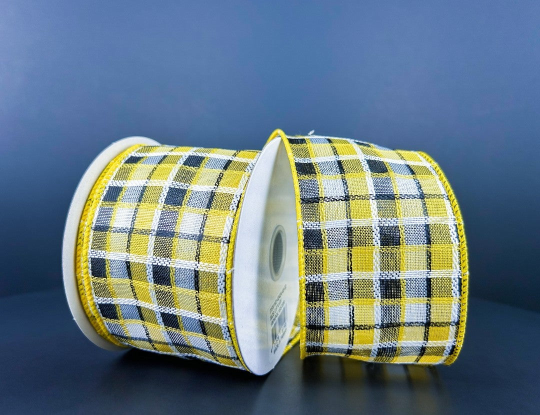 10 Yards - 2.5" Wired Yellow, Black, and White Check Ribbon