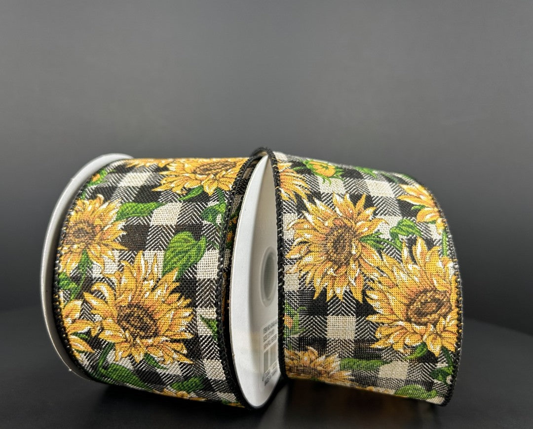 10 Yards - 2.5" Wired Black and Cream Check Background Sunflower Ribbon