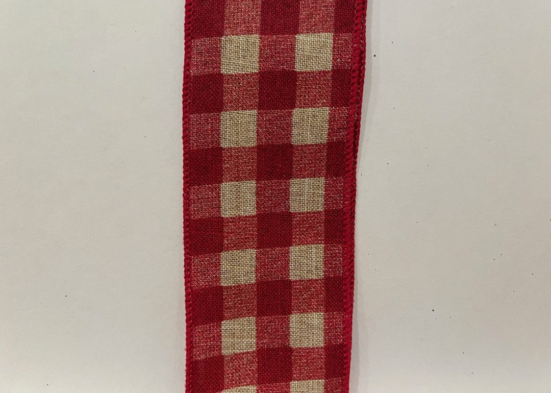 10 Yards - 2.5" Wired Dark Red and Natural Check Primitive Ribbon