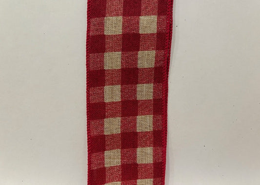 10 Yards - 2.5" Wired Dark Red and Natural Check Primitive Ribbon