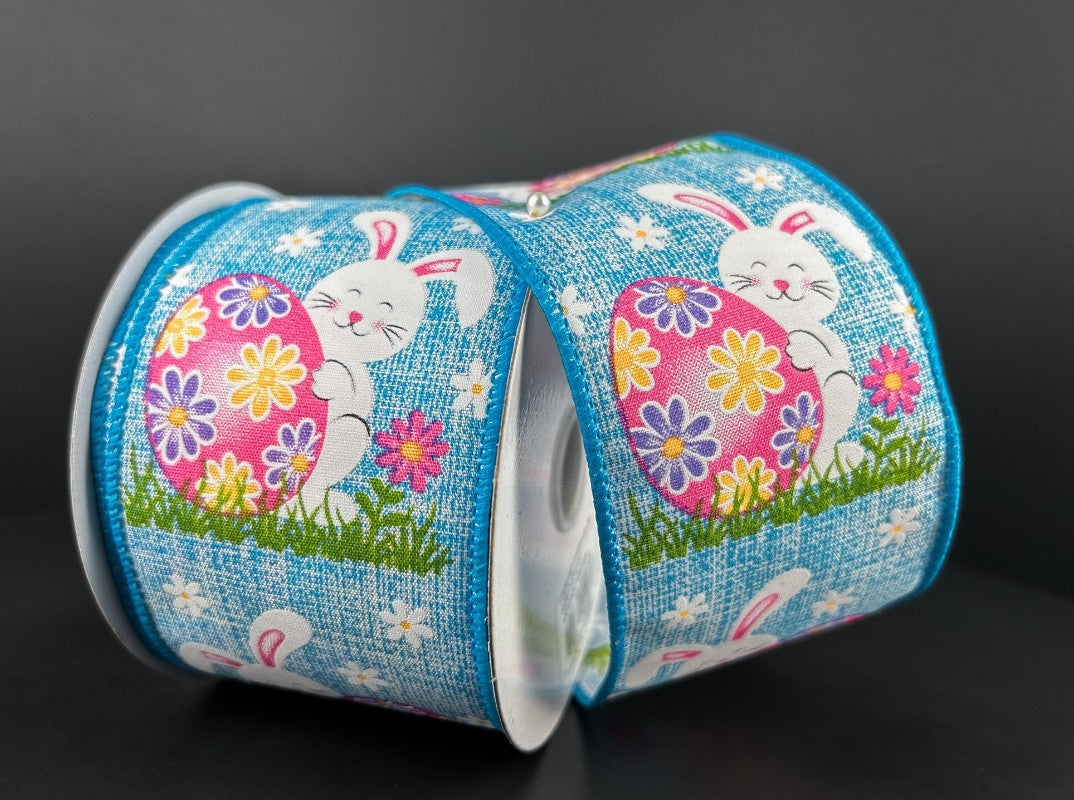 10 Yards - 2.5" Wired Blue Background Easter Bunny with Egg Ribbon