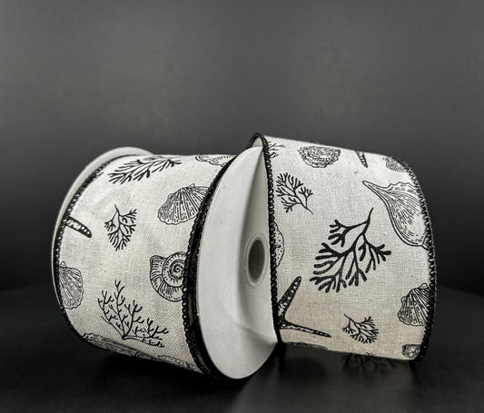 10 Yards - 2.5" Wired Cream and Black Seashell Beach Ribbon