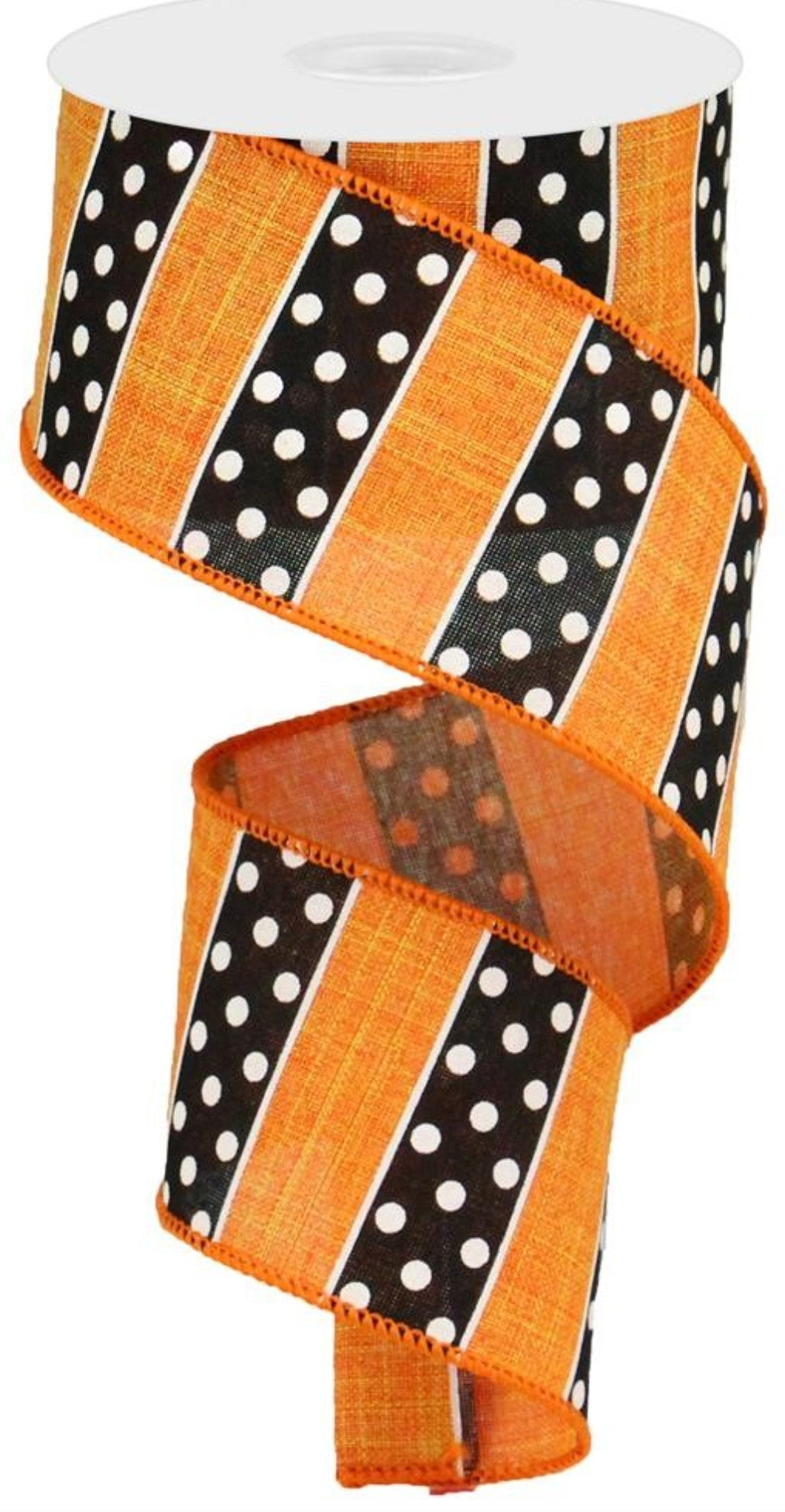 10 Yards - 2.5" Wired Orange, Black, and White Stripe Dot Ribbon