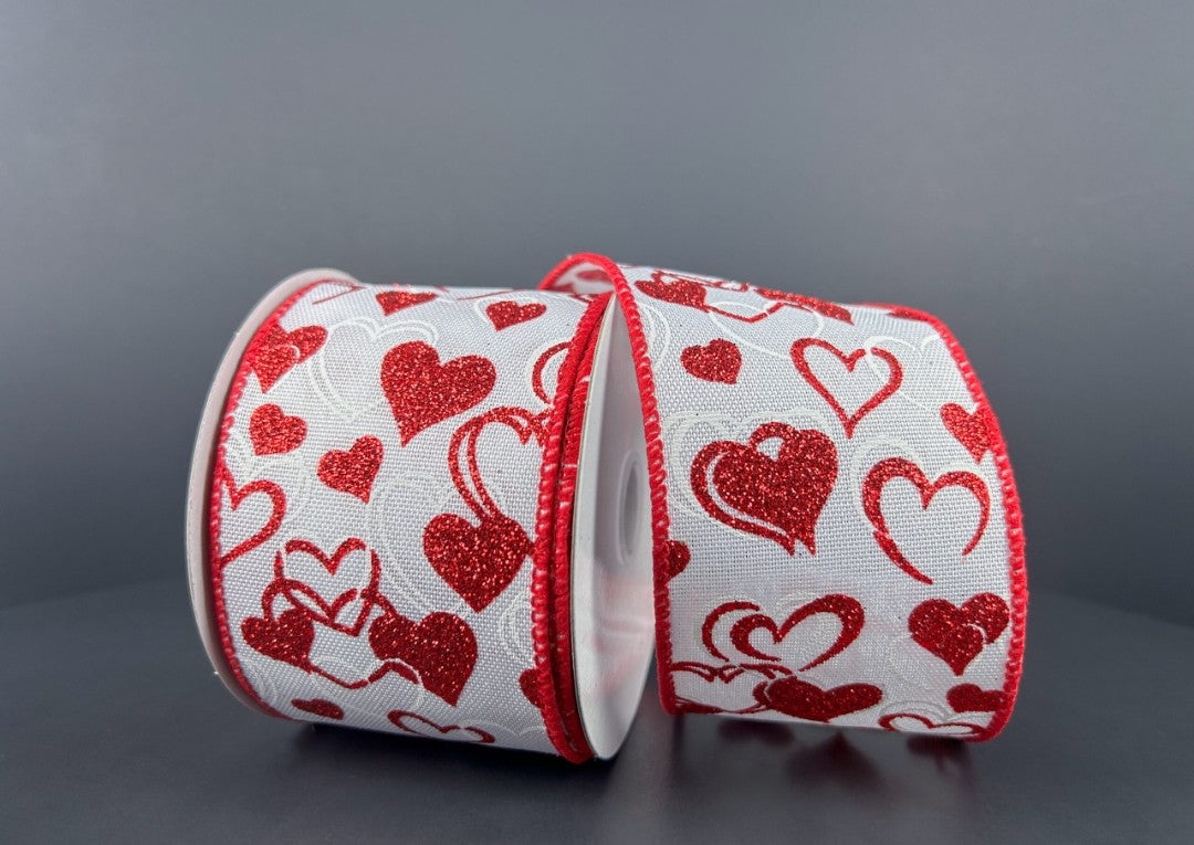 10 Yards - 2.5" Wired White Background Valentines Day Heart Ribbon with Glitter Accent