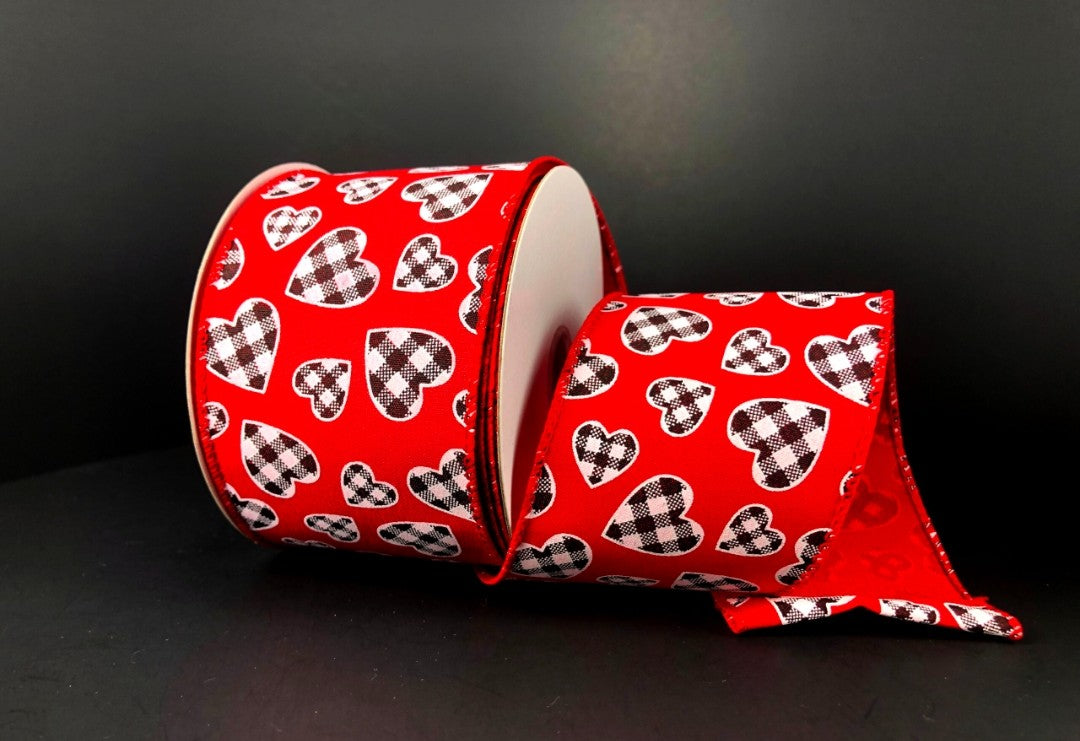 10 Yards - 2.5" Wired Red Background Check Heart Valentines Day Ribbon