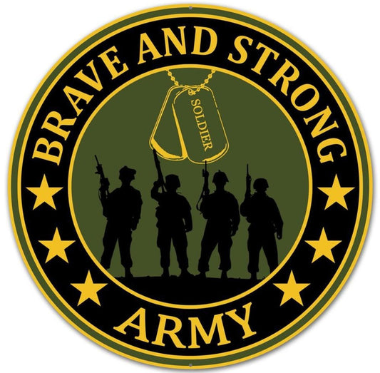 12" Round Metal Brave and Strong Army Wreath Sign