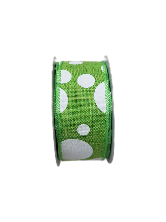 10 Yards - 1.5" Wired Lime Green and White Polka Dot Ribbon