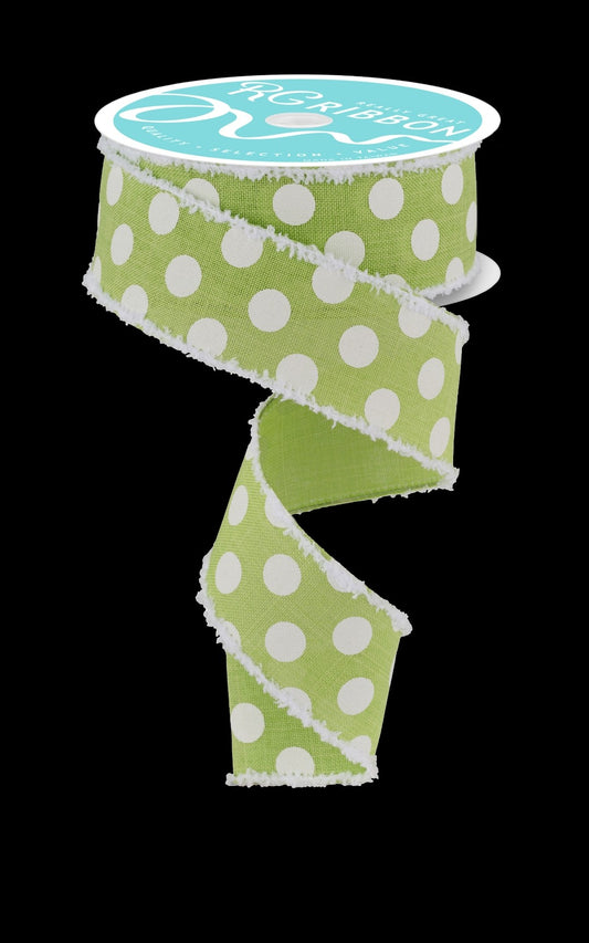 10 Yards - 1.5" Wired Light Green and White Polka Dot Ribbon with White Drift Edge