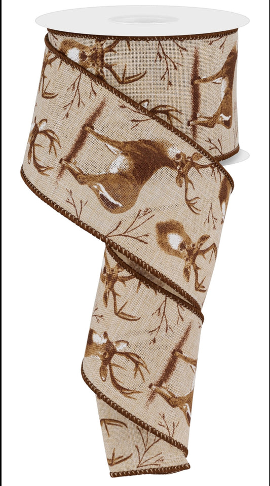 10 Yards - 2.5” Wired Natural Background Deer Ribbon