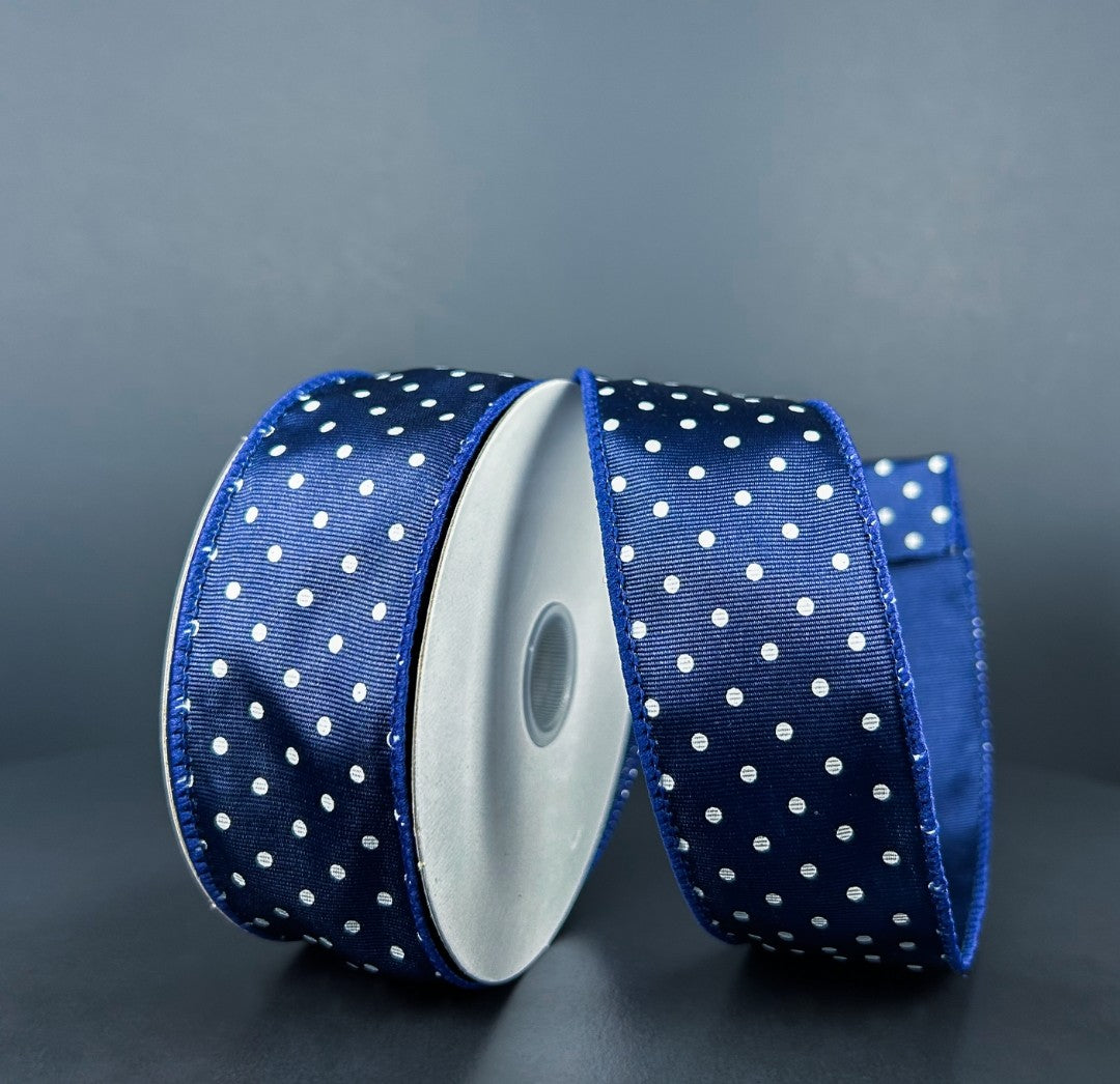 10 Yards - 1.5" Wired Navy Blue and White Tiny Polka Dot Ribbed Satin Ribbon