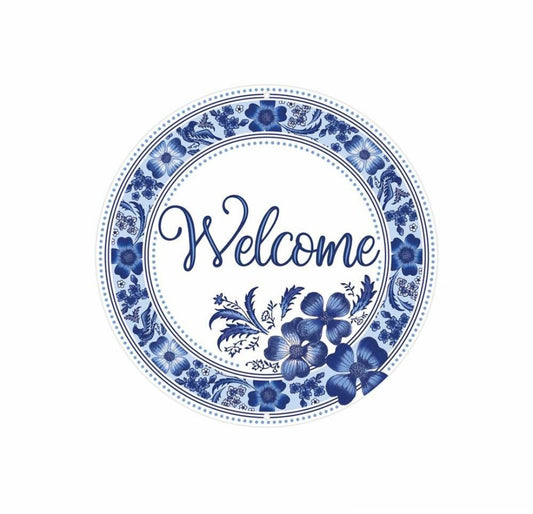 8” Round Metal Blue Floral Welcome Wreath Sign